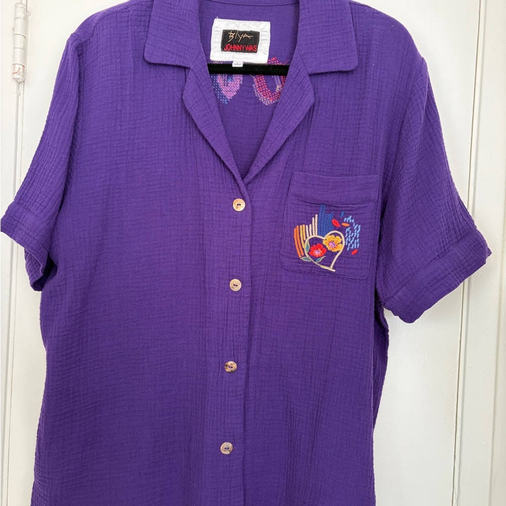 Johnny Was Purple Button-Up Shirt with Embroidery